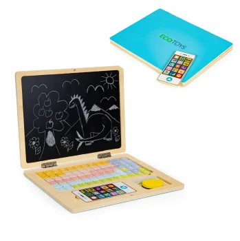 Ecotoys G068 medinis magnetinis kompiuteris-lenta su magnetukais, mėlynas